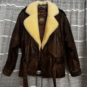Brown Leather Jacket with Cream Shearling Collar